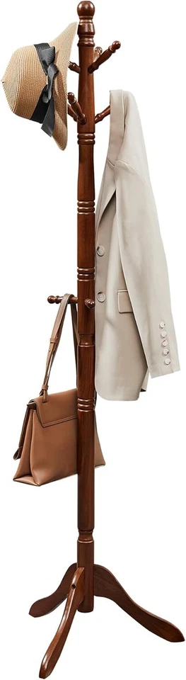 VASAGLE URCR03WN 10 Hooks Coat Rack Solid Wood Coat Stand Standing Hall