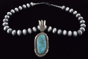 Sterling Silver Silver Bead Necklace With Natural Kingman Web Turquoise Pendant - Picture 1 of 4