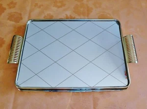 Vintage tolles Spiegel-Tablett m. gold. Rautenmuster Rahmen/Griffe Messing neu-w - Bild 1 von 11