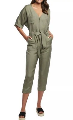 Mono Bardot Verde Manga Corta Cinturón Lino Talla XXS Mameluco Una Pieza Foto 1 de 3