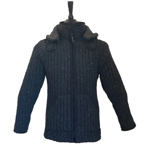 Super Warm Rib Knitted Dark Grey Woollen Jacket, Fully Lined, Hood, Pockets, Zip - Picture 1 of 4