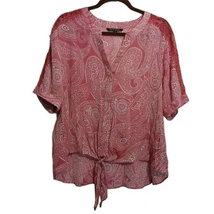 Zac & Rachel Women XL V Neck Paisley Tie Front Floral Blouse Lace Trim Sleeves - Picture 1 of 12