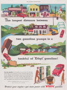 1953 Print Ad Ethyl Gasoline Longest Distance Between Two Gasoline Pumps Tankful - Picture 1 of 1
