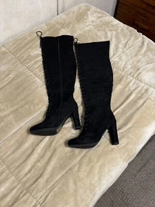 Top Moda NWOB Size 8.5 Solid Black Knee-Length Lace-Front Boots - Bild 1 von 4