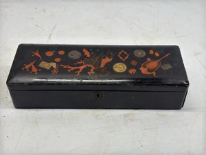 antica scatola bacchette stile vintage cinese lacca nera decorata - Foto 1 di 17