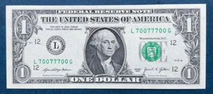 L 70077700 G BINARY $1 One Dollar Bill Fancy Serial Number 2021 Series *UNC* - Picture 1 of 2