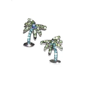 EARRINGS Studs ST Silvertone Blue & Green Rhinestones TINY PALM TREES - Picture 1 of 1