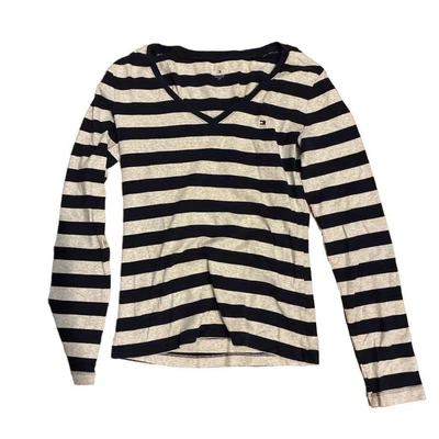 Camiseta Tommy Hilfiger Azul y Blanco Rayas Cuello en V Manga Larga Foto 1 de 3
