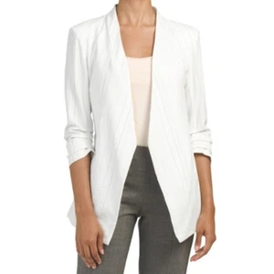Rachel Zoe SZ S Open Front Blazer Ruched Sleeves White Black Stripe NWT - Picture 1 of 9