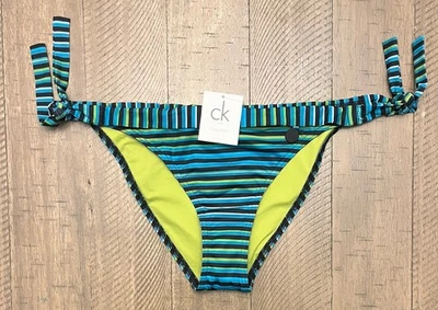 全新带标签 - Calvin Klein 女式蓝色绿色条纹比基尼泳装 XL 码 — 第 1/4 张图片