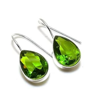 Green Peridot Gemstone 925 Sterling Silver Handmade Jewelry Earrings 1.6" - Picture 1 of 4