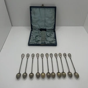 Vintage Gold Plated Barley Twisted Spoons Set Of 11 Tea Spoons With Box - Picture 1 of 20