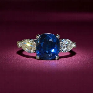 6.00 CT Cushion Cut Blue Sapphire Lab Grown Diamond Engagement Ring 950 Platinum - Picture 1 of 14