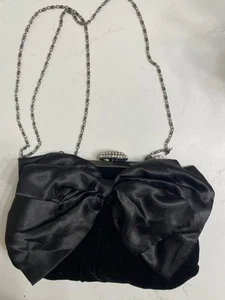 Neiman Marcus Black Velvet / Satin Bow Evening Bag Swarovski Crystal Closure - Picture 1 of 5