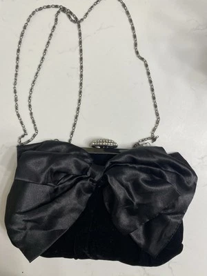 Neiman Marcus Black Velvet / Satin Bow Evening Bag Swarovski Crystal Closure - Image 1 of 4