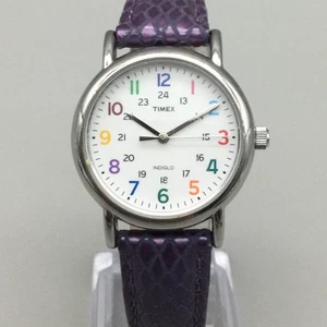 Timex Uhr Damen 30 mm Indiglo Rainbow Zifferblatt lila Lederarmband neue Batterie - Bild 1 von 16