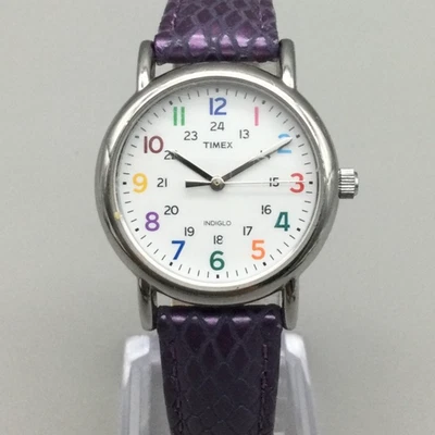 Reloj Timex Mujer 30mm Indiglo Esfera Arco Iris Correa Cuero Púrpura Batería Nueva Foto 1 de 4