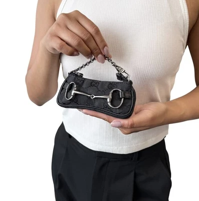 GUCCI Vintage Monogram Horsebit Micro Pouch Coin Purse Black Silver Chain - Image 1 of 4