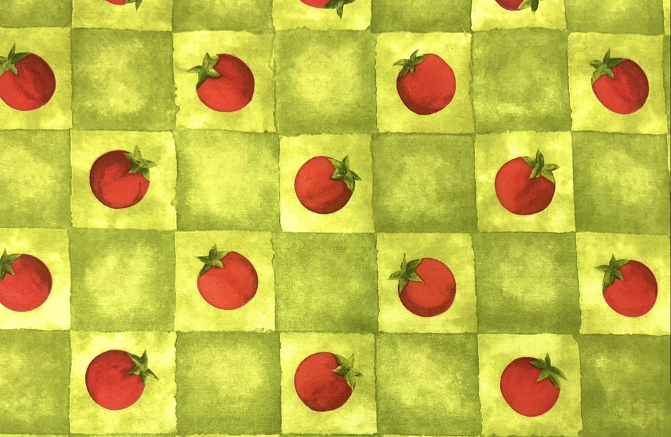 Vintage Green Check Picnic Pattern Red Tomatoes Sewing Fabric 1 Y By 44” - Image 1 of 1
