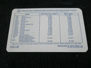 1966 1967 Mercedes Benz US Price Brochure Card 200 230 SL 250SE 300SE 300SEL 600 - Picture 1 of 2