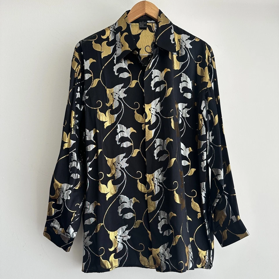 Camisa De Seda De Colección Para Hombre Pequeña Negra Dorada Glamour Barroca Metálica Rave Disco Fiesta Foto 1 de 4