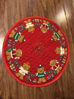 Vintage Teddy Bear Red Christmas Tree Skirt Handmade Mice Holly Toys Angel Santa - Image 1 of 4
