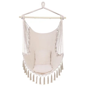 Cozy Beige Pillow Tassel Hanging Chair for Indoor Outdoor Relaxation - Picture 1 of 12