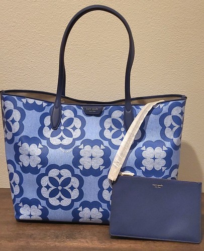 Borsa a mano KATE SPADE New York Vanga fiore monogramma blu grande tote bag nuova con etichette
