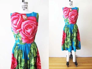 Vintage 60s Barkcloth Pink Rose Print Sundress M - 1960s Colorful Floral Print S - Picture 1 of 5