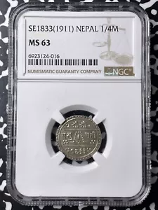 SE 1833 (1911) Nepal 1/4 Mohar NGC MS63 Lot#G9675 Silver! Choice UNC! - Picture 1 of 3