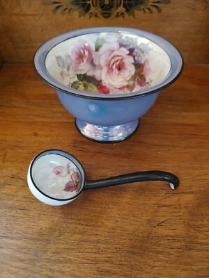 Vintage Noritake 1940s Nippon Japan Hand Painted Blue & Pink Roses Bowl Spoon - Image 1 of 4