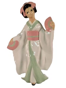 1950-1960’s Japanese 12” Geisha Fan Girl Ceramic Figurine Pink / Green ~ MCM - Picture 1 of 9