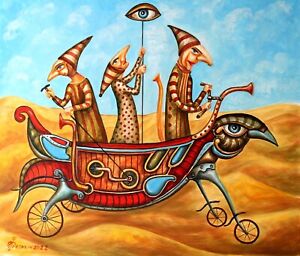 ORIGINAL Oil Painting canvas CONTEMPORARY ART surrealism V Pronkin 3 IN а BOAT