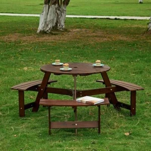 Outdoor 6 Person Picnic Table, with 3 Built-in Benches, Umbrella Hole, Brown - Picture 1 of 6