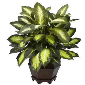 SILK GOLDEN DIEFFENBACHIA PLANT ARTIFICIAL FAKE OFFICE ARRANGEMENT w/ WOOD POT - Picture 1 of 1