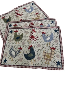 3 Vtg Americana Chickens Stars Hearts Tapestry Placemats Country Reversible - Picture 1 of 5