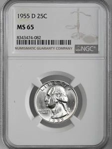1955-D  25C WASHINGTON SILVER QUARTER "DENVER MINT" NGC MS65 #8343474-082 - Picture 1 of 4