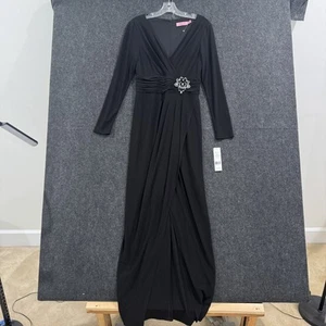 Eliza J Dress Womens 6 Black Long Sleeve Maxi V Neck Embellished Gown Formal - Picture 1 of 11