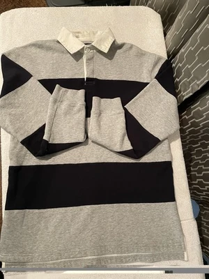 Vintage G.H. Bass & Co Rugby Shirt Men's M Gray Navy Stripe Cotton Collared  - Image 1 of 4