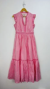 Boden Dress Women Size 10 Pink White Gingham Check Tiered Midi V Neck Sleeveless - Picture 1 of 9