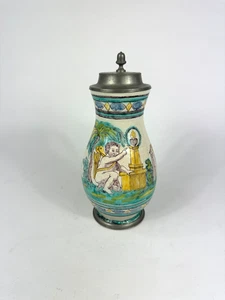 Antiker Birnkrug 18. Jh. Bemalt Amor Engel Pflanzen Fayence Krug Humpen Karaffe - Bild 1 von 12