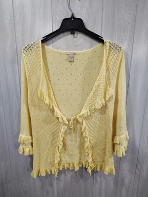 Women's Butter Yellow Eyelet Cardigan Size L Festival Boho Bell Sleeve  - Image 1 of 4