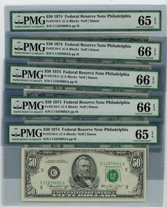 FR. 2118-C $50 1974 5 Consecutive Federal Reserve Note 65-66 EPQ PMG DC-2558 - Picture 1 of 3