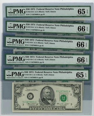 FR. 2118-C $50 1974 5 Consecutive Federal Reserve Note 65-66 EPQ PMG DC-2558 - Image 1 of 3