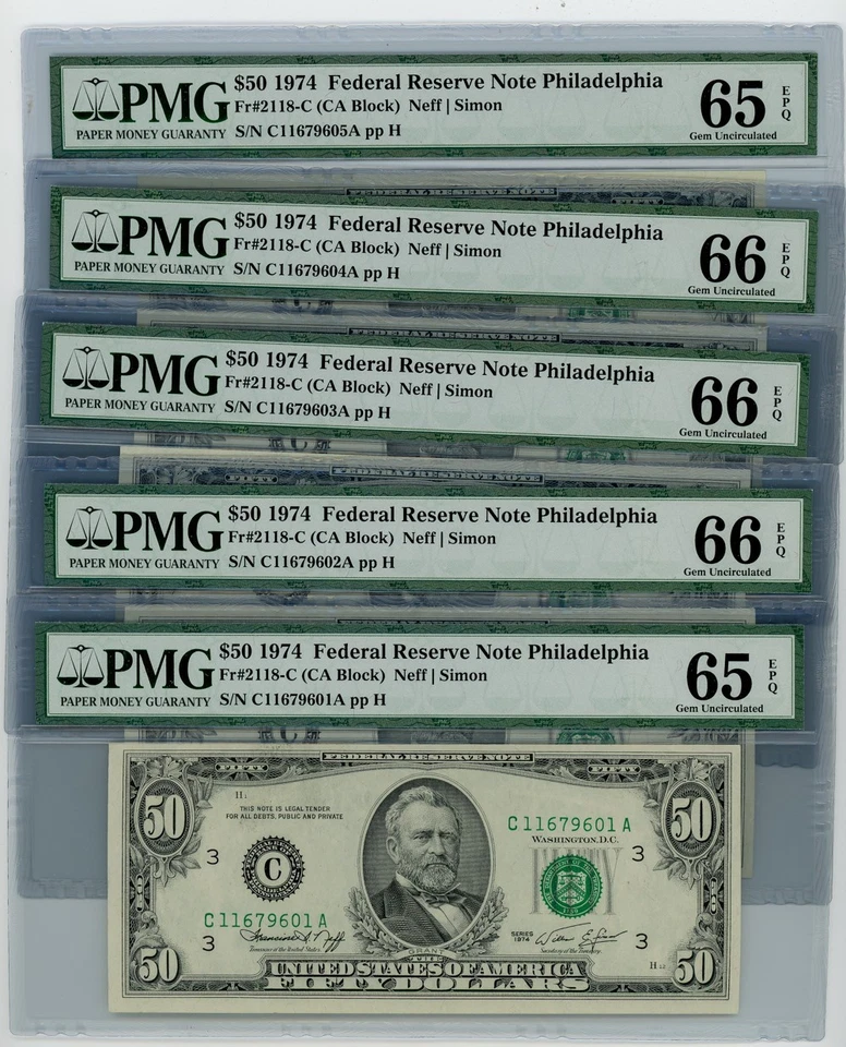 FR. 2118-C $50 1974 5 Consecutive Federal Reserve Note 65-66 EPQ PMG DC-2558 - Image 1 of 3