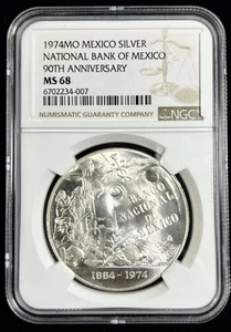 1974 MEXICO SILVER MEDAL NATIONAL BANK OF MEXICO 90TH ANNIVERSARY NGC MS 68 - Picture 1 of 2