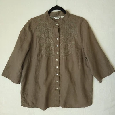 Blusa Top Richard Malcolm Lino Irlandés Talla 2X Verde Ejército Bordada Manga 3/4  Foto 1 de 4