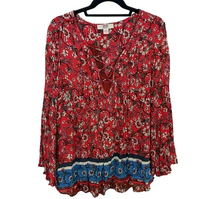Blusa Vintage América Azul Floral Boho Rojo Flujo Grande Manga Campana Pradera Y2K Foto 1 de 4