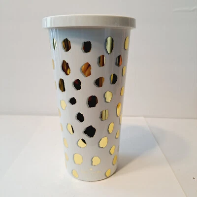 KATE SPADE GOLD POLKA DOT PRINT 16OZ THERMAL TRAVEL MUG COFFEE CUP COLD - Image 1 of 4