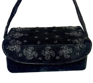 Vtg 50s Regency Black Velvet Structured Barrel Dance Box Purse Seed Beads Floral - Picture 1 of 21
